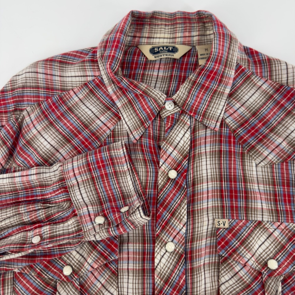 Salt Valley Western Mens Medium Plaid Pearl Snap Long Sleeve Shirt Red Blue